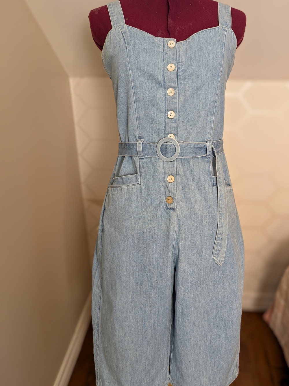 Rip Curl Light Blue Denim Button-Front Overall Shorts with Belt